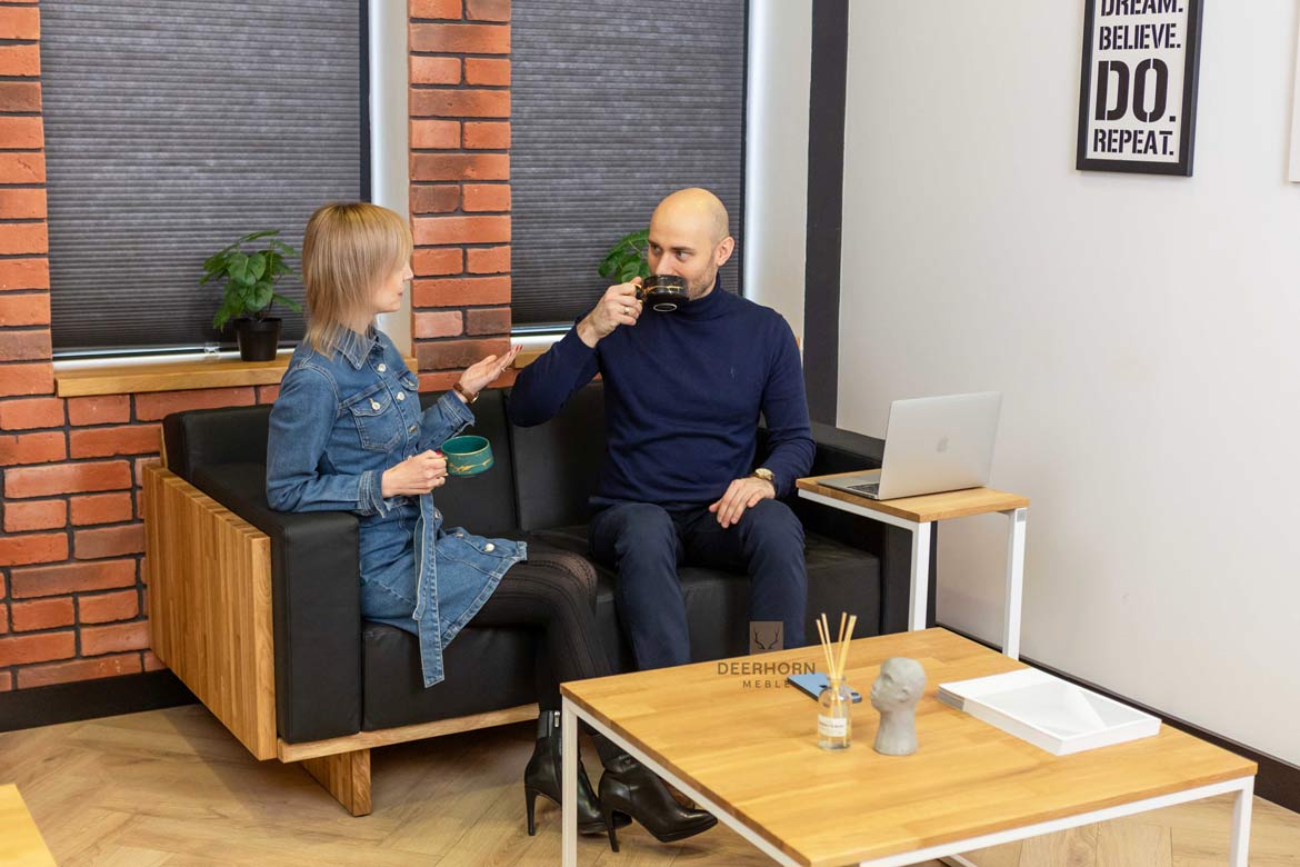 Eichenholz Ledersofa für Büro, schwarz, modern