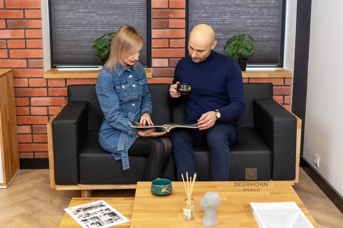 Eichenholz Ledersofa für Büro, schwarz, modern