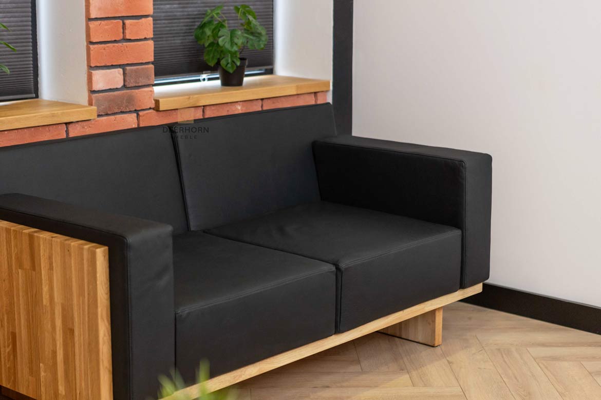 Eichenholz Ledersofa für Büro, schwarz, modern