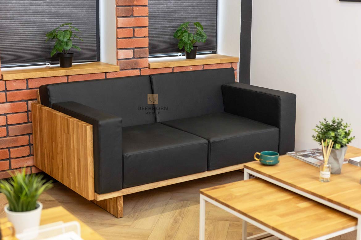 Eichenholz Ledersofa für Büro, schwarz, modern
