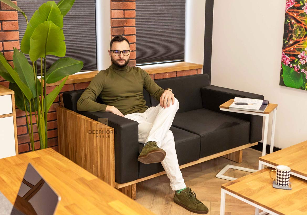 Eichenholz Ledersofa für Büro, schwarz, modern