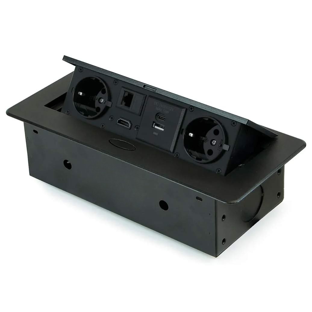 Schwarzes Verlängerungskabel für Konferenztische und Schreibtische 2xUSB HDMI RJ45