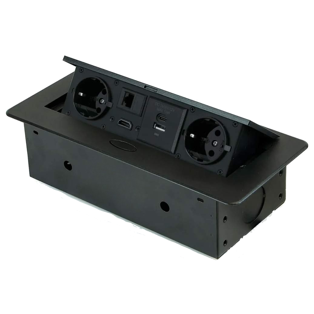 Schwarzes Verlängerungskabel für Konferenztische und Schreibtische 2xUSB HDMI RJ45