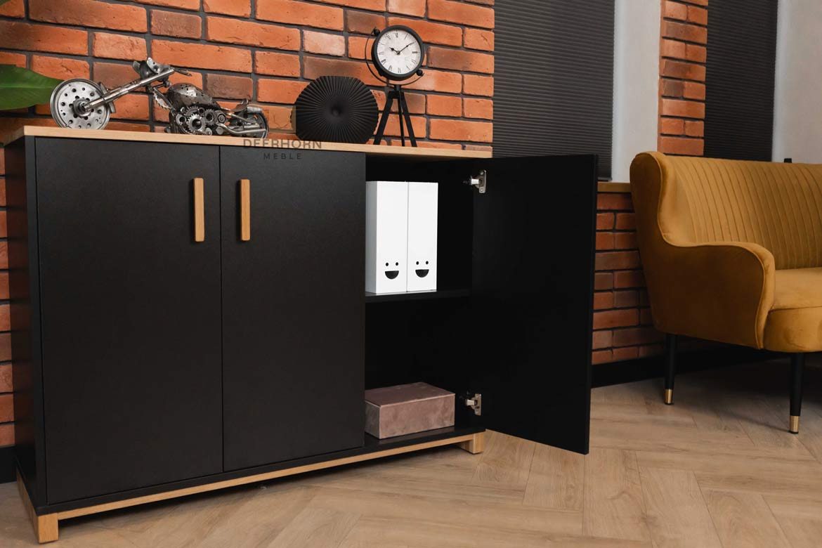Praktische dreitürige, abschließbare schwarze Kommode für Büro und Haushalt