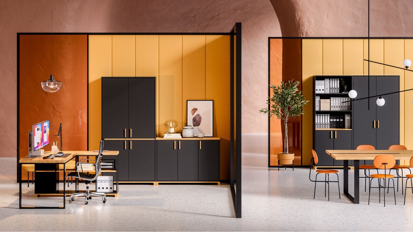 Praktische dreitürige, abschließbare schwarze Kommode für Büro und Haushalt