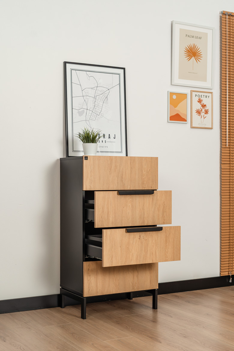 Schmale Kommode mit 4 Schubladen für Büro, Wohnzimmer oder Heimarbeitsplatz