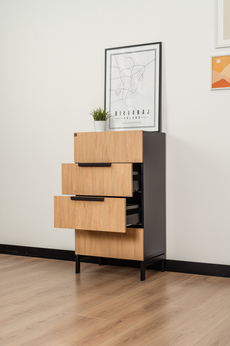 Schmale Kommode mit 4 Schubladen für Büro, Wohnzimmer oder Heimarbeitsplatz