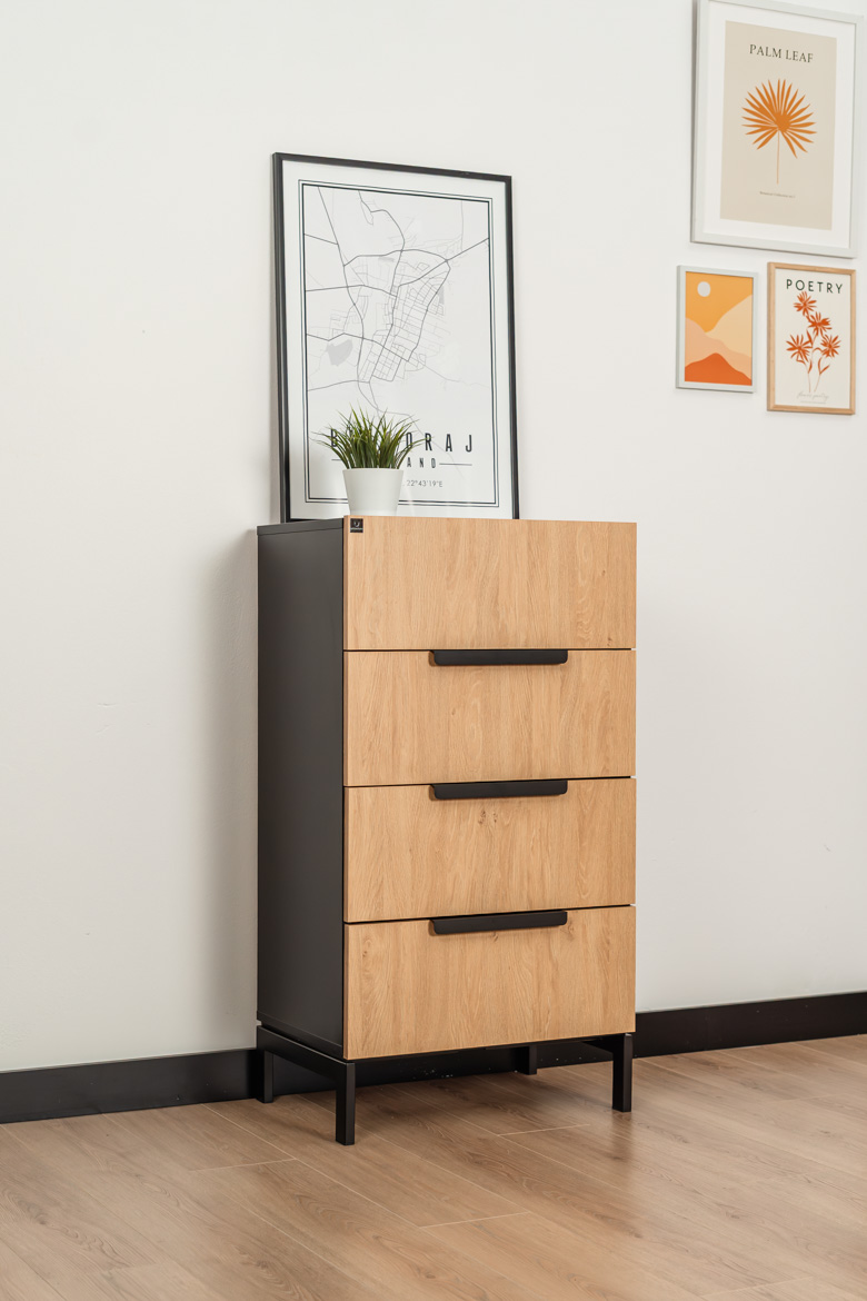 Schmale Kommode mit 4 Schubladen für Büro, Wohnzimmer oder Heimarbeitsplatz