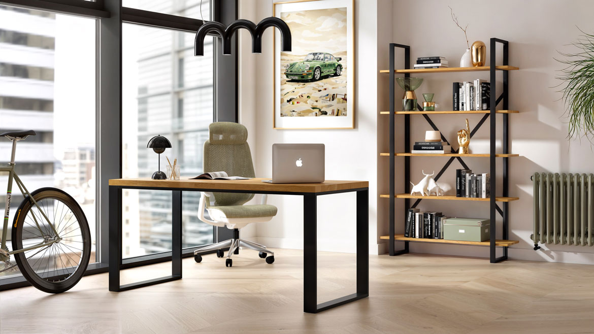 Schreibtisch mit Holzplatte und Bücherregal - Möbelset für ein kleines Büro