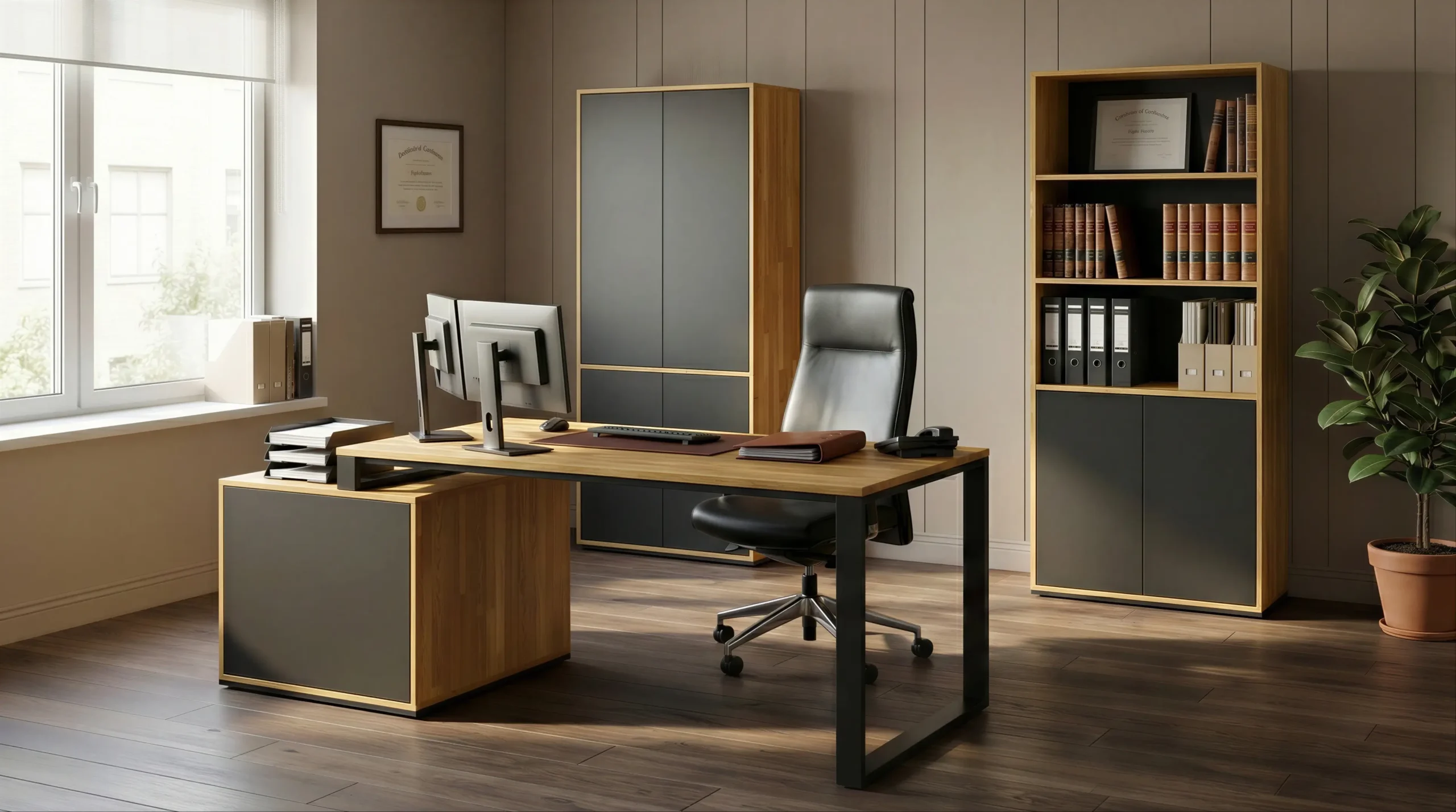 Büromöbel aus Eichenholz für ein kleines Büro eines Anwalts, Barristers