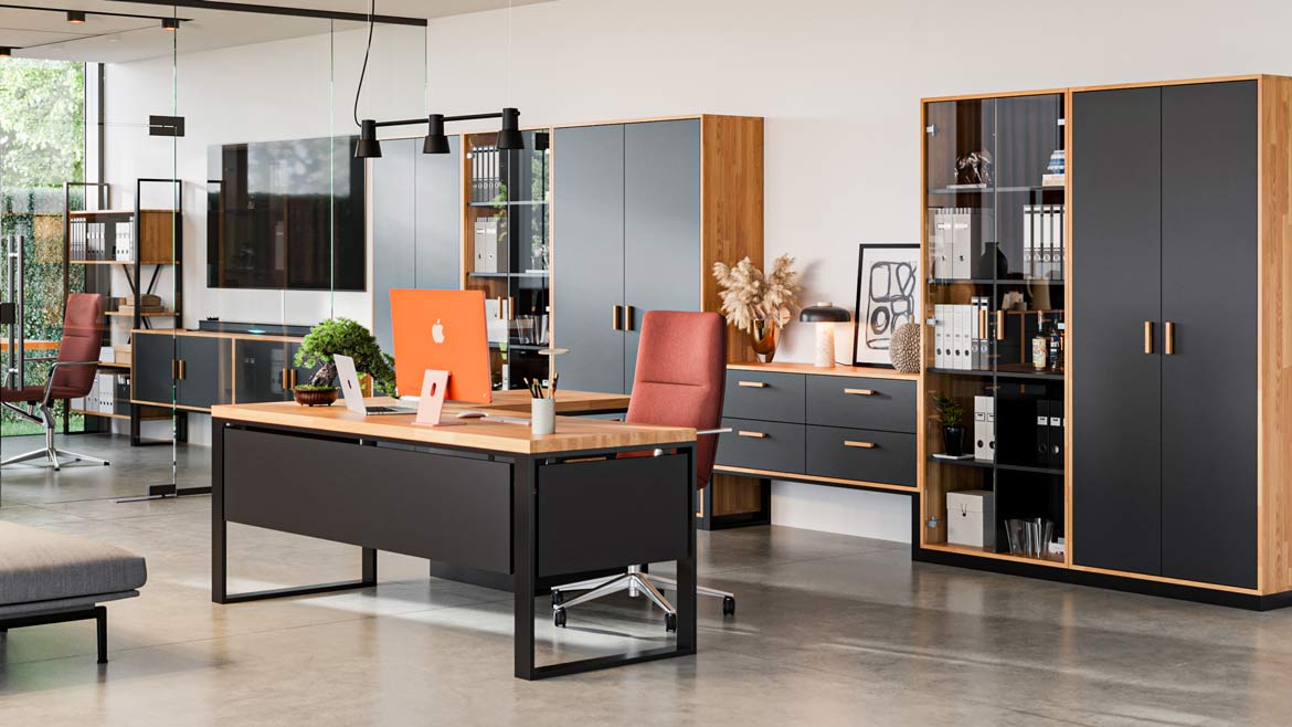 Loft Büromöbel und Schrank-Set aus Eichenholz und Metall