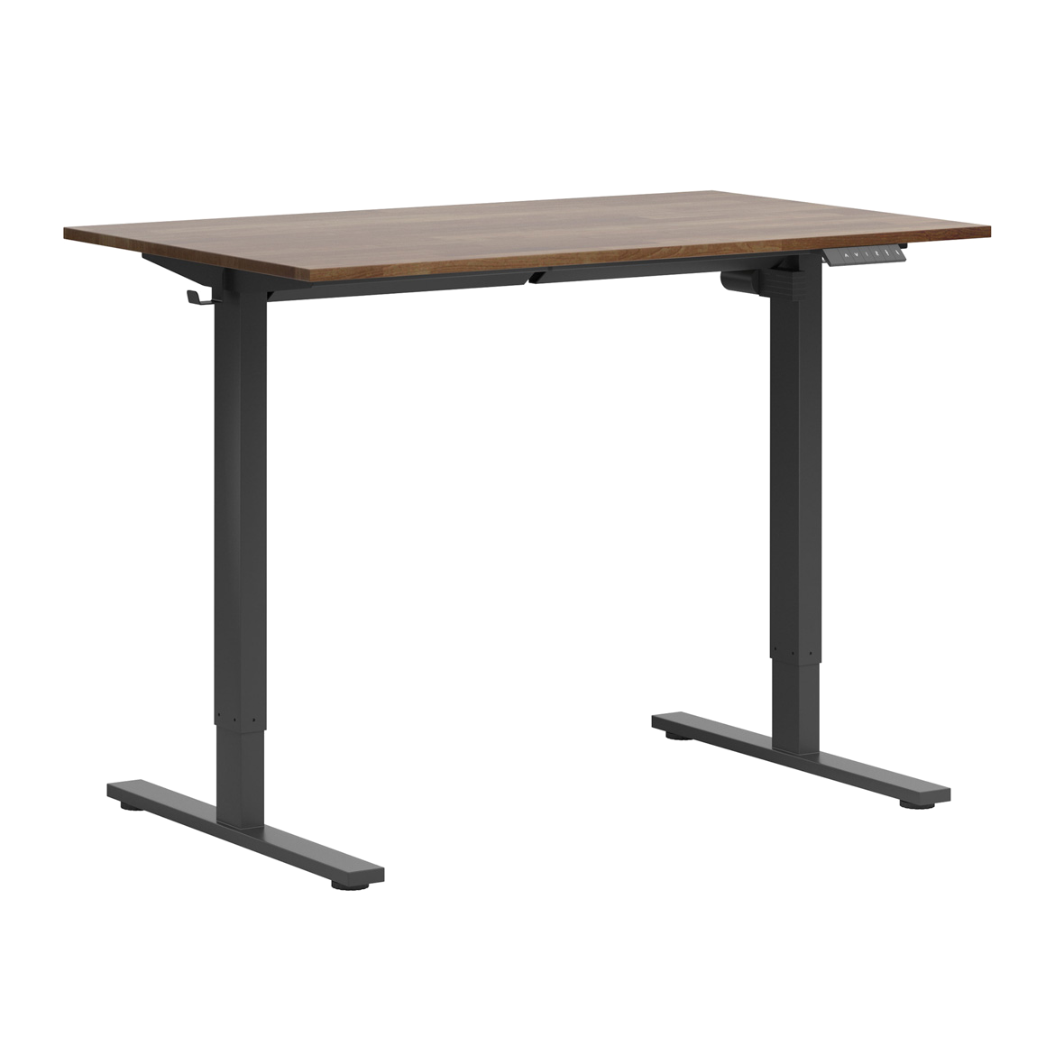 Einfacher elektrisch verstellbarer Schreibtisch mit dunkler Holzplatte