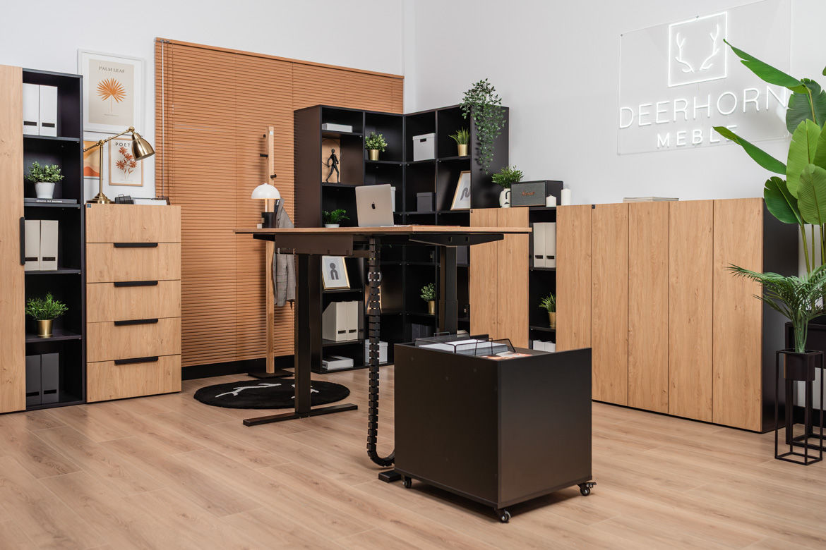 Schreibtisch mit Höhenspeicher für Menschen mit Rückenschmerzen und mobilem Schreibtischschrank
