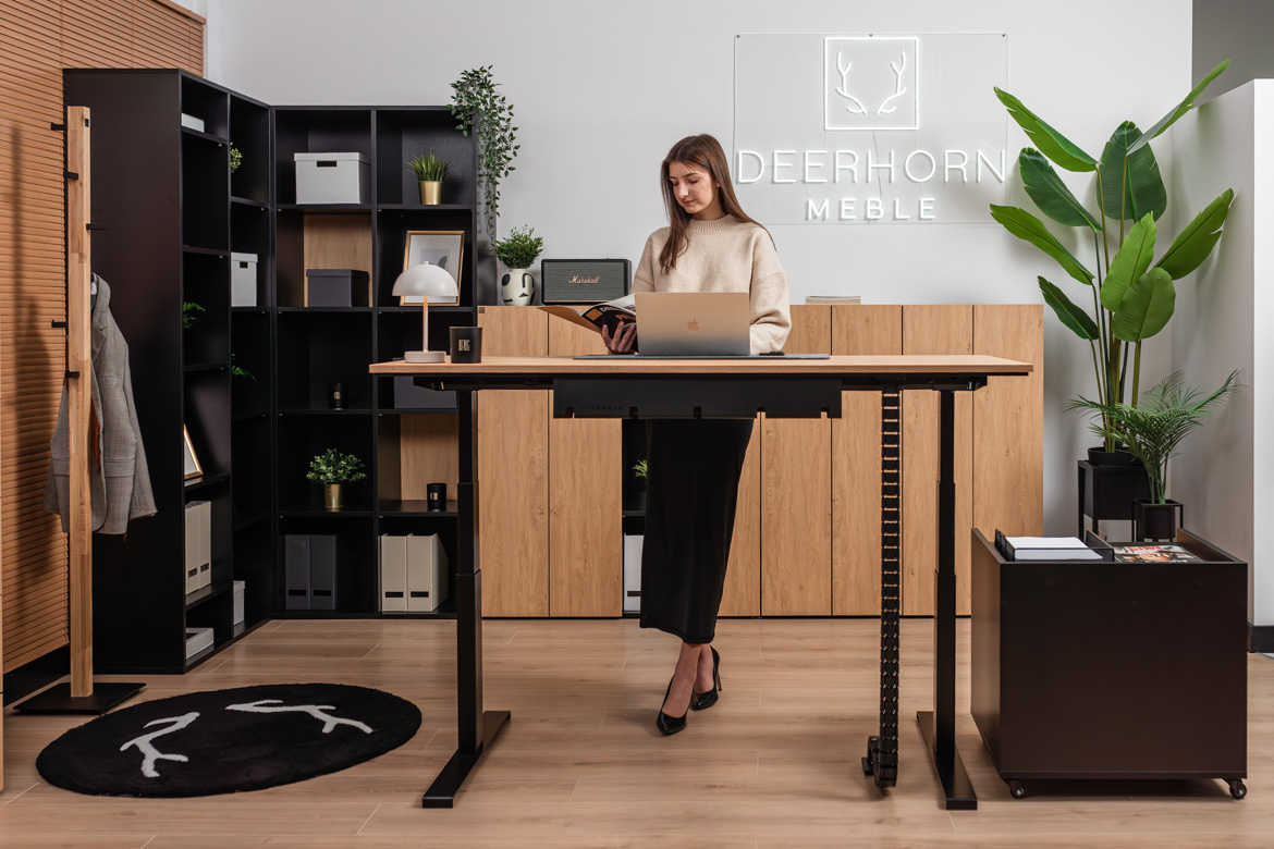 Schreibtisch mit Höhenspeicher für Menschen mit Rückenschmerzen und mobilem Schreibtischschrank