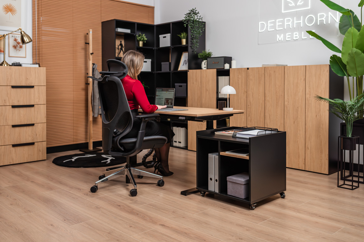 Schreibtisch mit Höhenspeicher für Menschen mit Rückenschmerzen und mobilem Schreibtischschrank