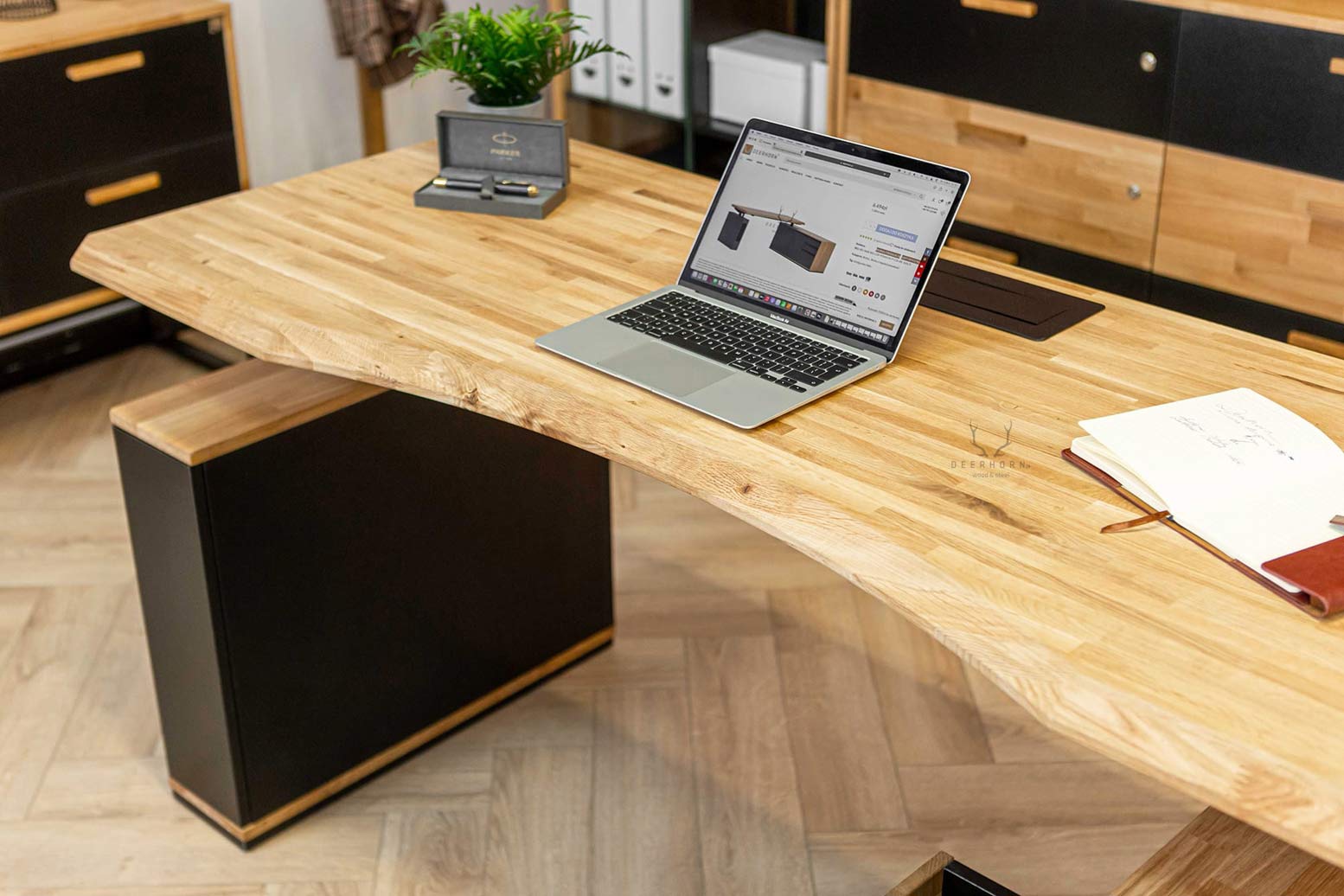 Eckschreibtisch mit Höhenverstellung für Büro und praktischem Rollcontainer 160×70