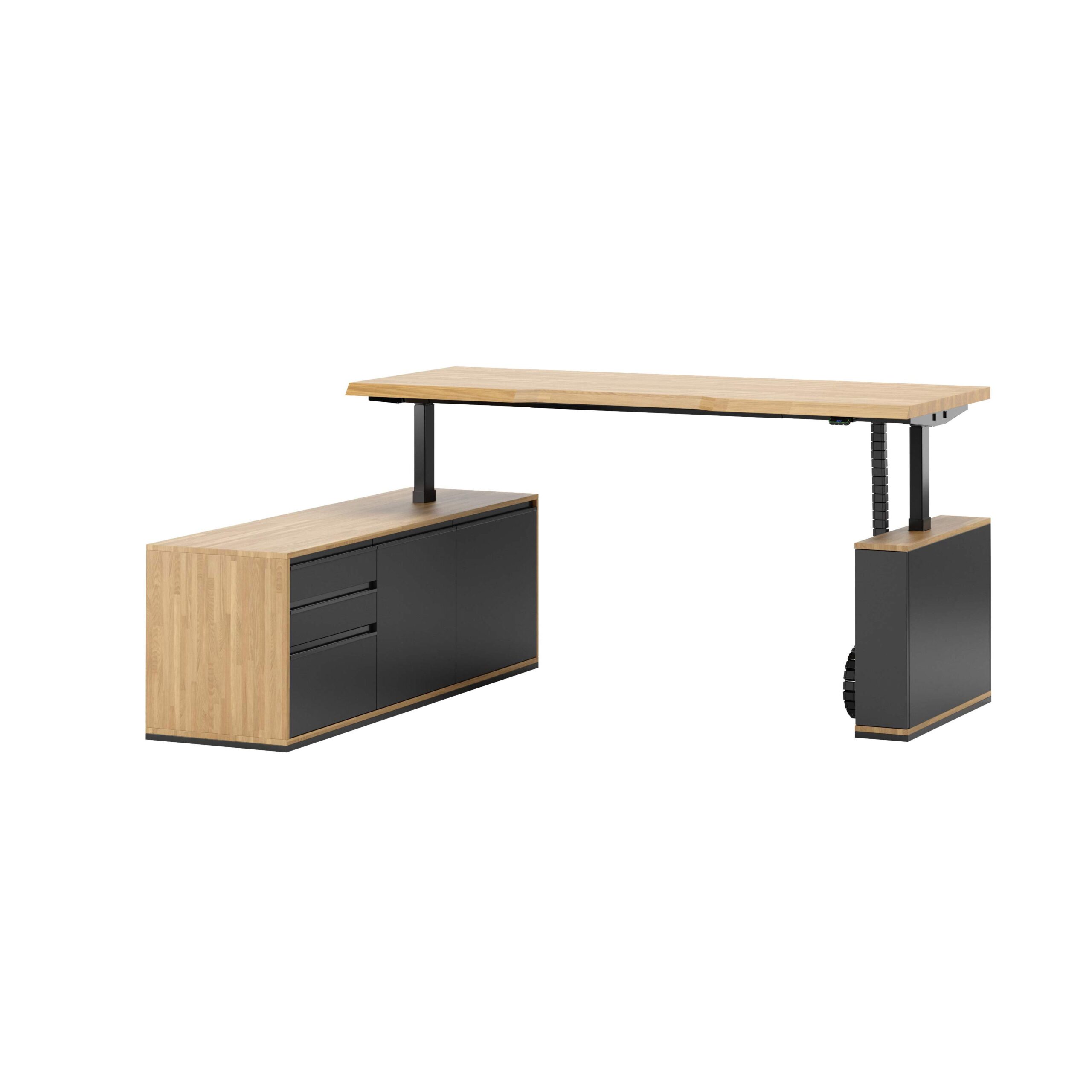 Eckschreibtisch mit Höhenverstellung für Büro und praktischem Rollcontainer 160×70