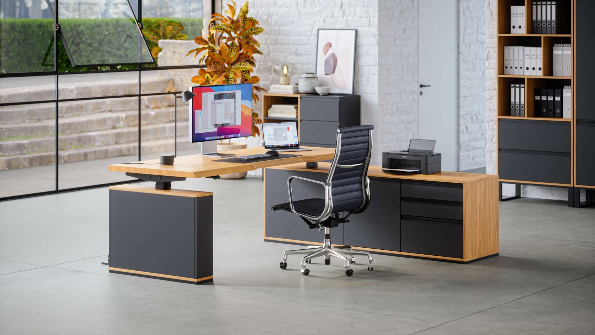 Eckschreibtisch mit Höhenverstellung für Büro und praktischem Rollcontainer 160×70