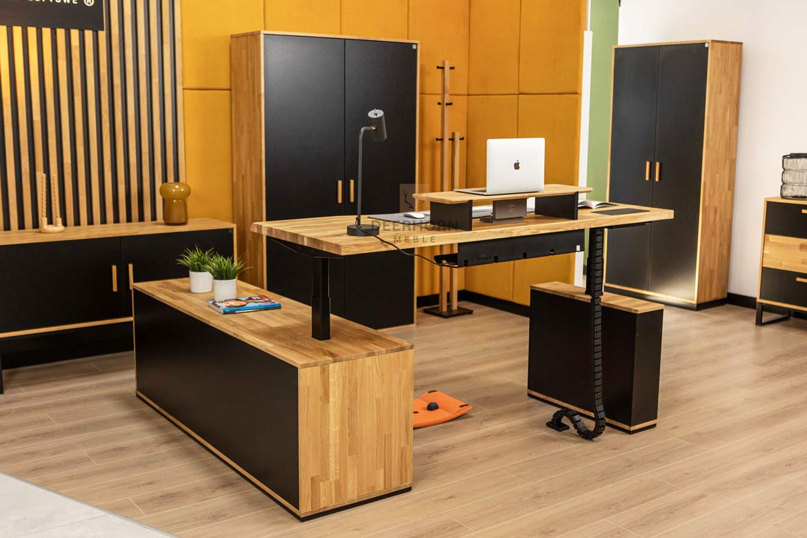 Eckschreibtisch mit Höhenverstellung für Büro und praktischem Rollcontainer 160×70