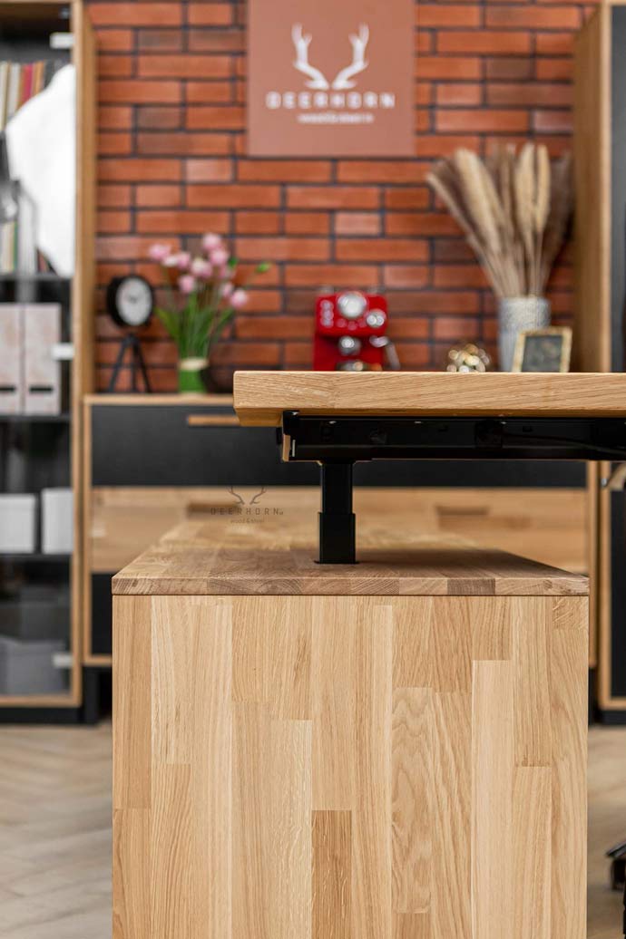 Eckschreibtisch mit Höhenverstellung für Büro und praktischem Rollcontainer 160×70