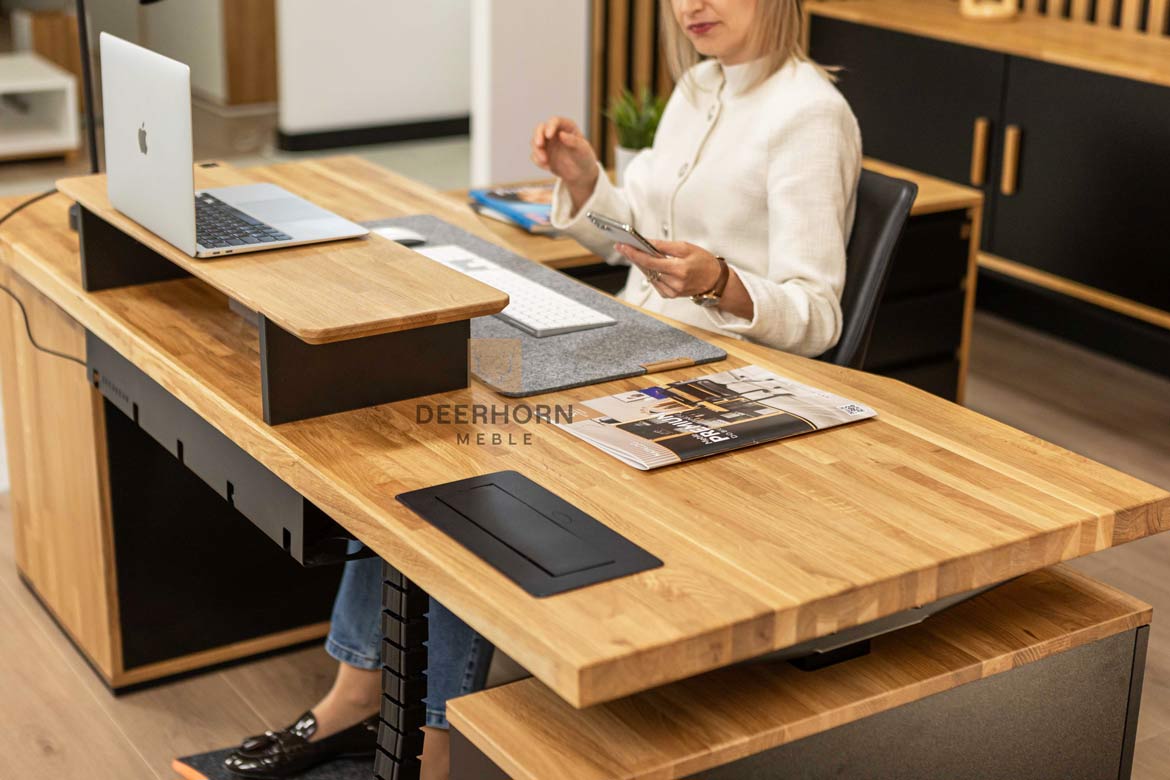 Eckschreibtisch mit Höhenverstellung für Büro und praktischem Rollcontainer 160×70