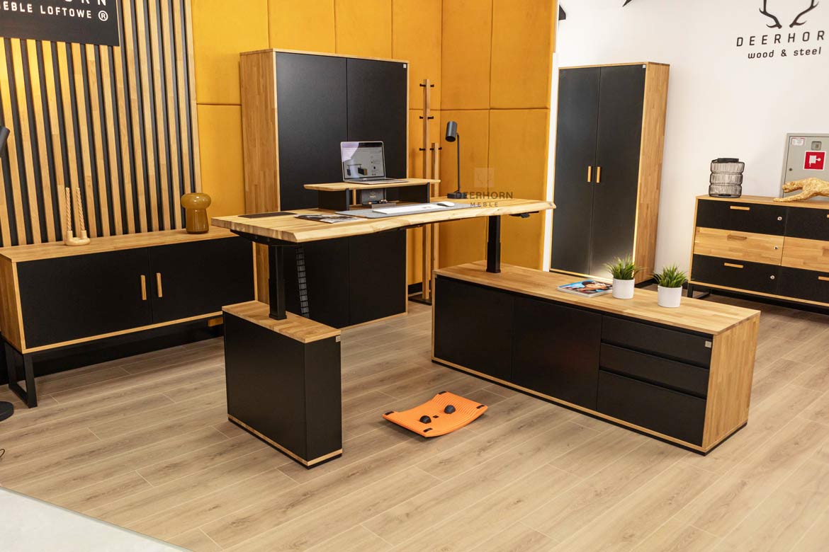Eckschreibtisch mit Höhenverstellung für Büro und praktischem Rollcontainer 160×70