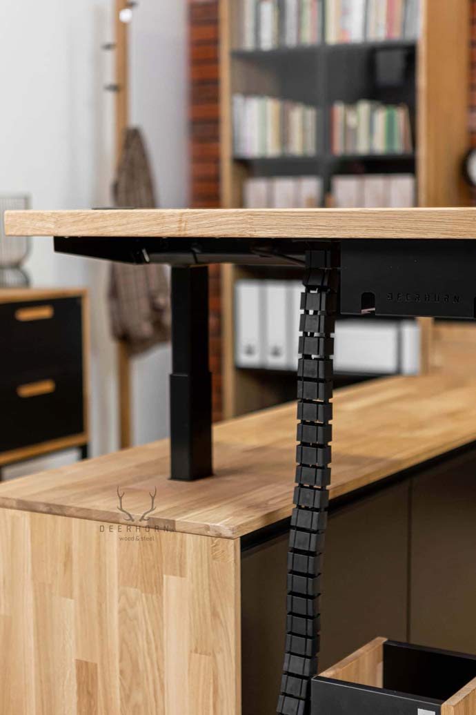 Eckschreibtisch mit Höhenverstellung für Büro und praktischem Rollcontainer 160×70
