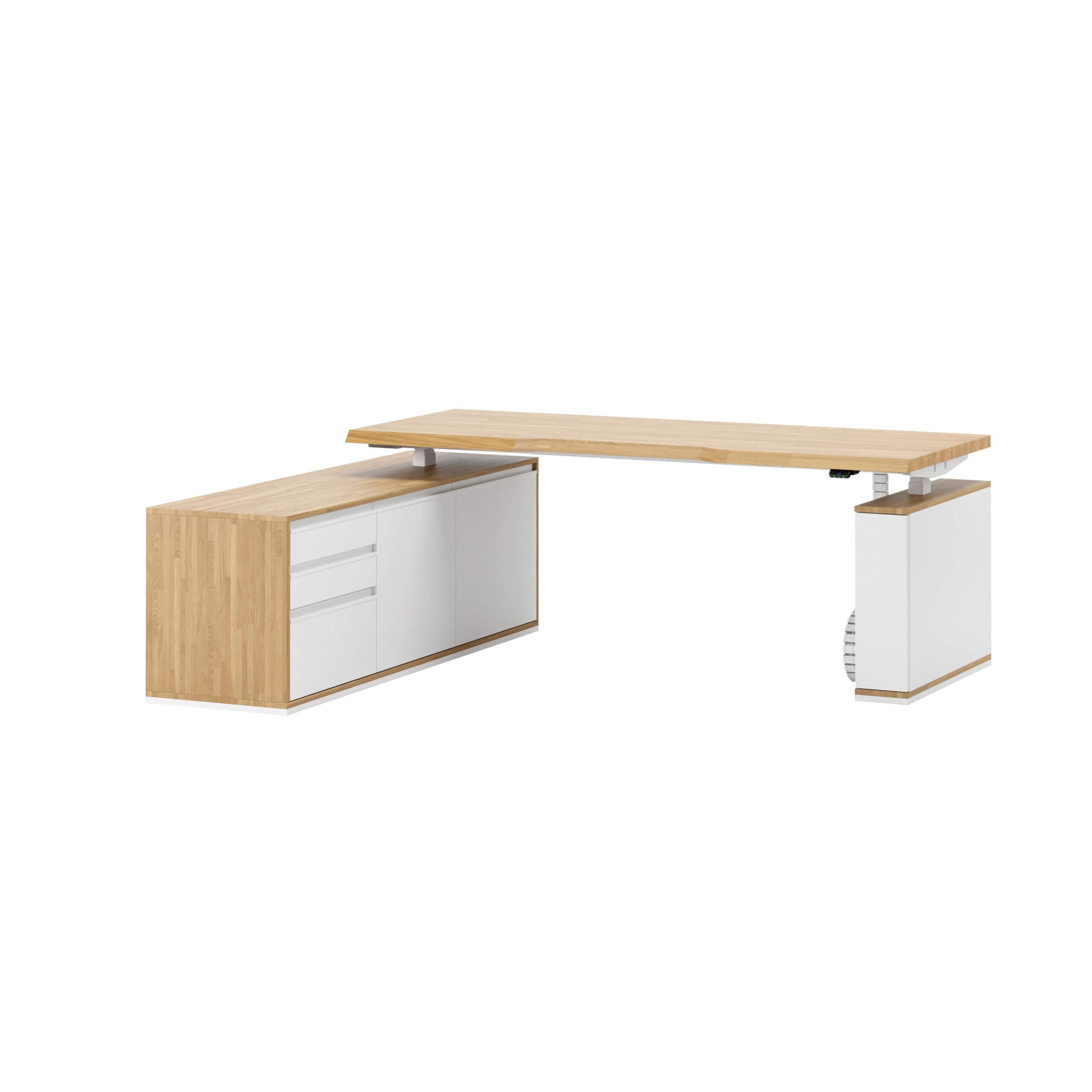 Eckschreibtisch mit Höhenverstellung für Büro und praktischem Rollcontainer 160×70