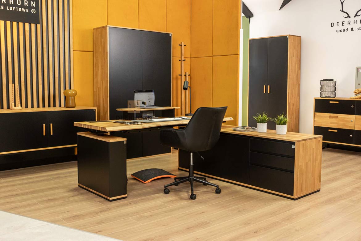 Eckschreibtisch mit Höhenverstellung für Büro und praktischem Rollcontainer 160×70