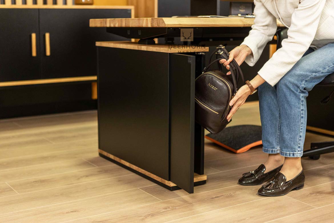 Eckschreibtisch mit Höhenverstellung für Büro und praktischem Rollcontainer 160×70