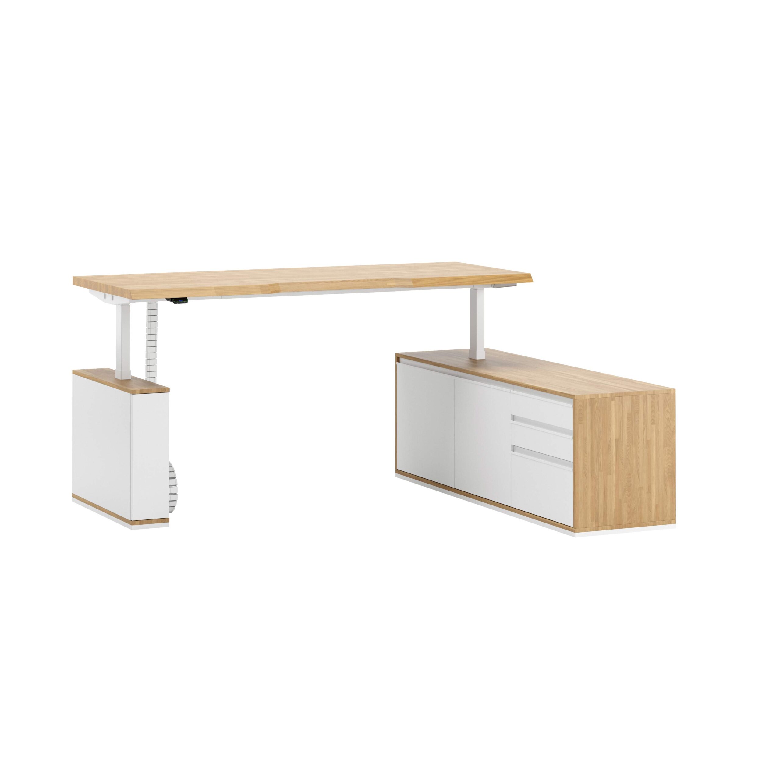 Eckschreibtisch mit Höhenverstellung für Büro und praktischem Rollcontainer 160×70