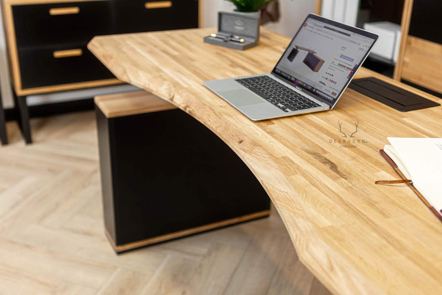 Eckschreibtisch mit Höhenverstellung für Büro und praktischem Rollcontainer 160×70