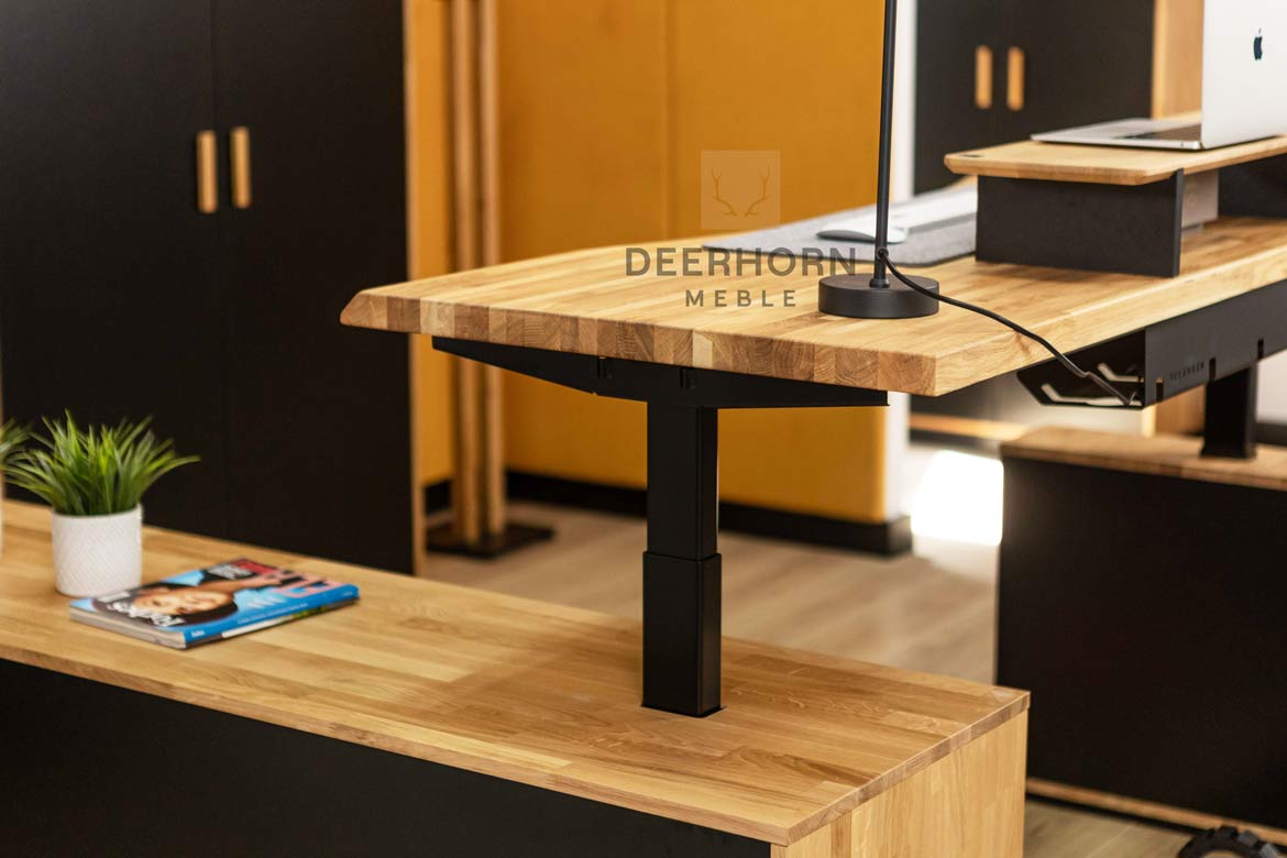 Eckschreibtisch mit Höhenverstellung für Büro und praktischem Rollcontainer 160×70