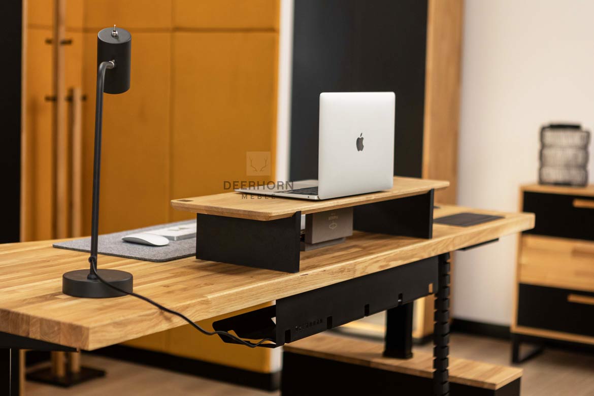 Eckschreibtisch mit Höhenverstellung für Büro und praktischem Rollcontainer 160×70