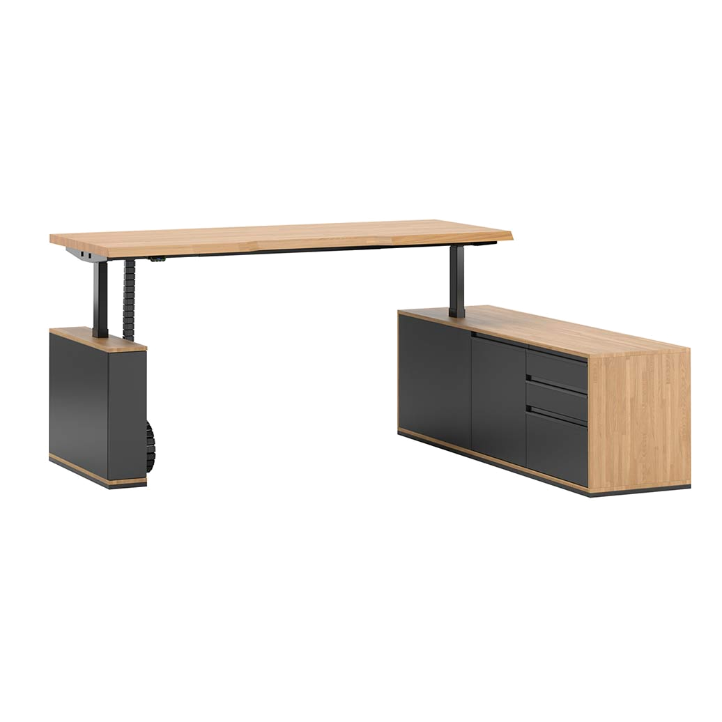 Eckschreibtisch mit Höhenverstellung für Büro und praktischem Rollcontainer 160×70