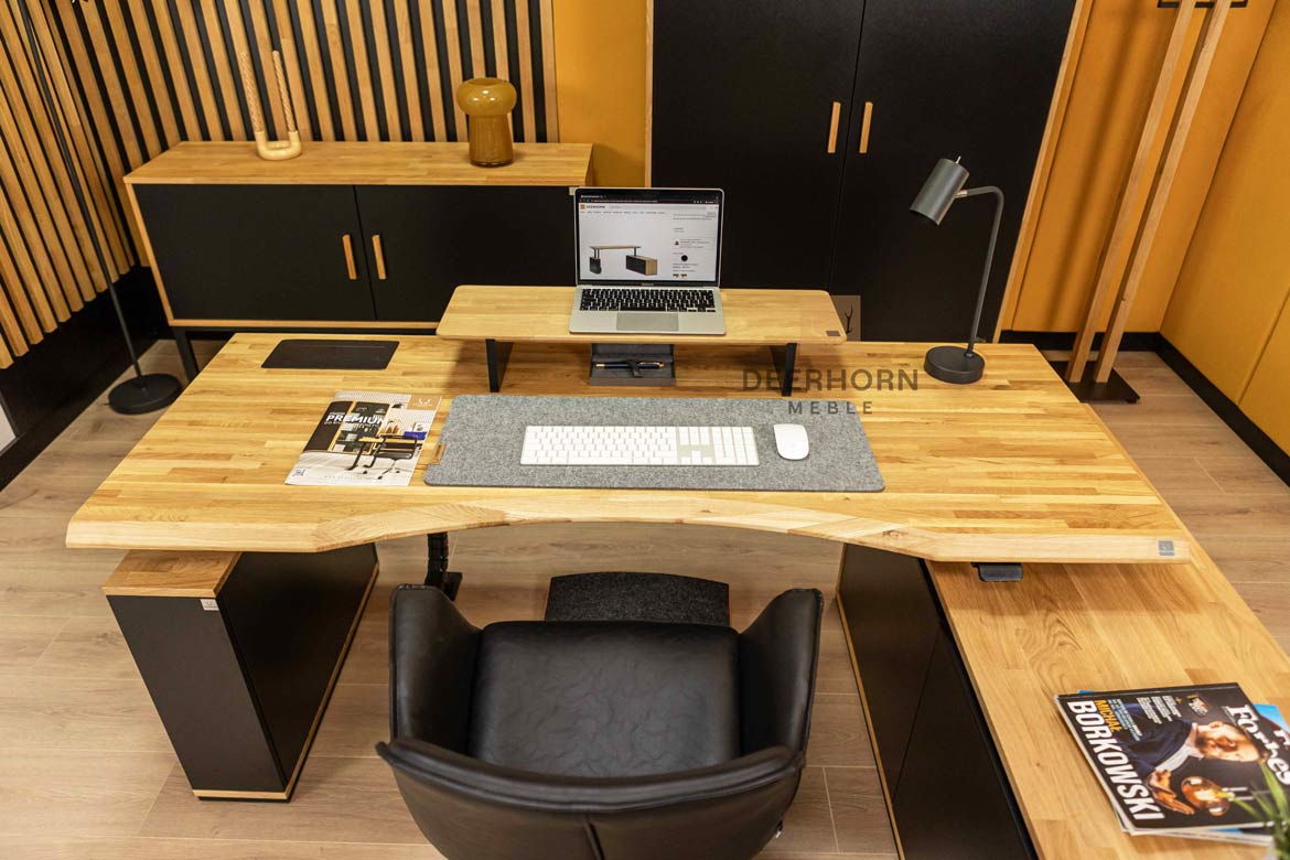 Eckschreibtisch mit Höhenverstellung für Büro und praktischem Rollcontainer 160×70