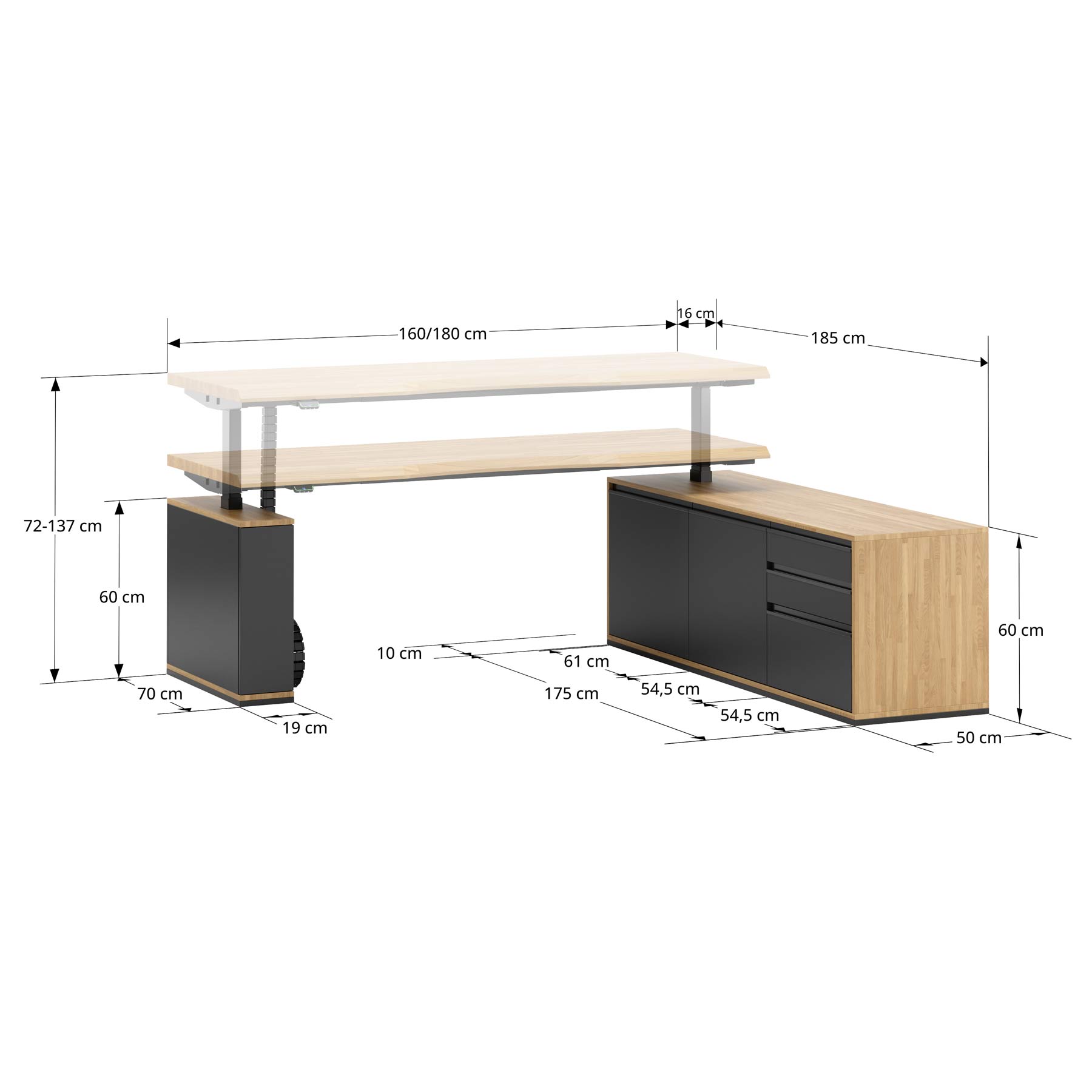 Eckschreibtisch mit Höhenverstellung für Büro und praktischem Rollcontainer 160×70