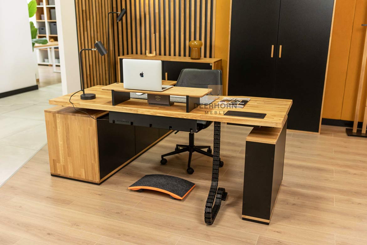 Eckschreibtisch mit Höhenverstellung für Büro und praktischem Rollcontainer 160×70