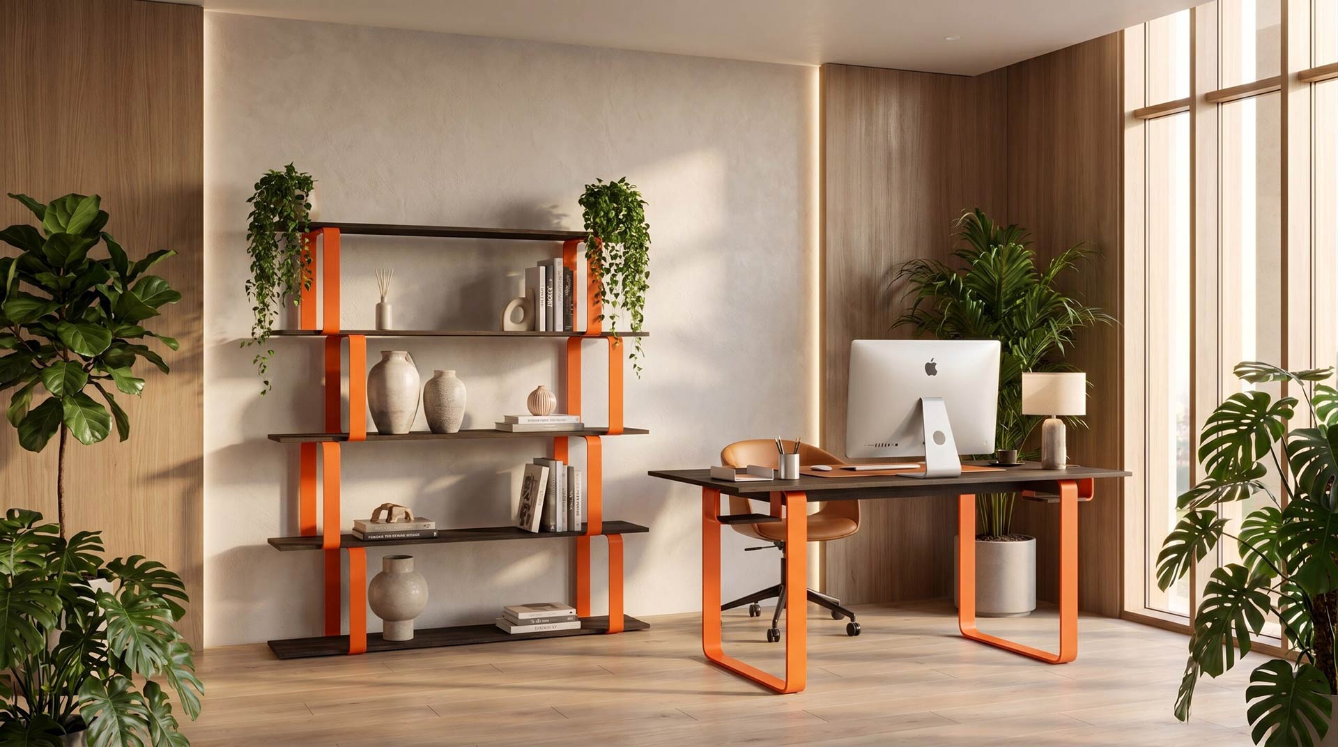 Pure Office asymmetrische Bücherregal für Büro mit Holzböden niedrig - orange