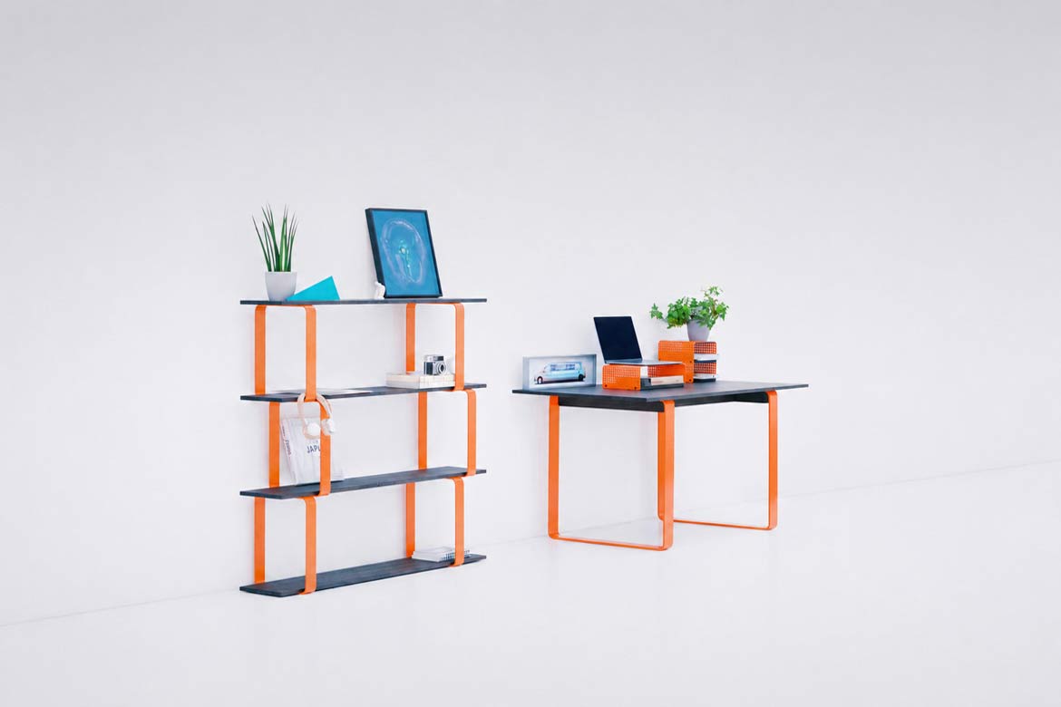 Pure Office asymmetrische Bücherregal für Büro mit Holzböden niedrig - orange