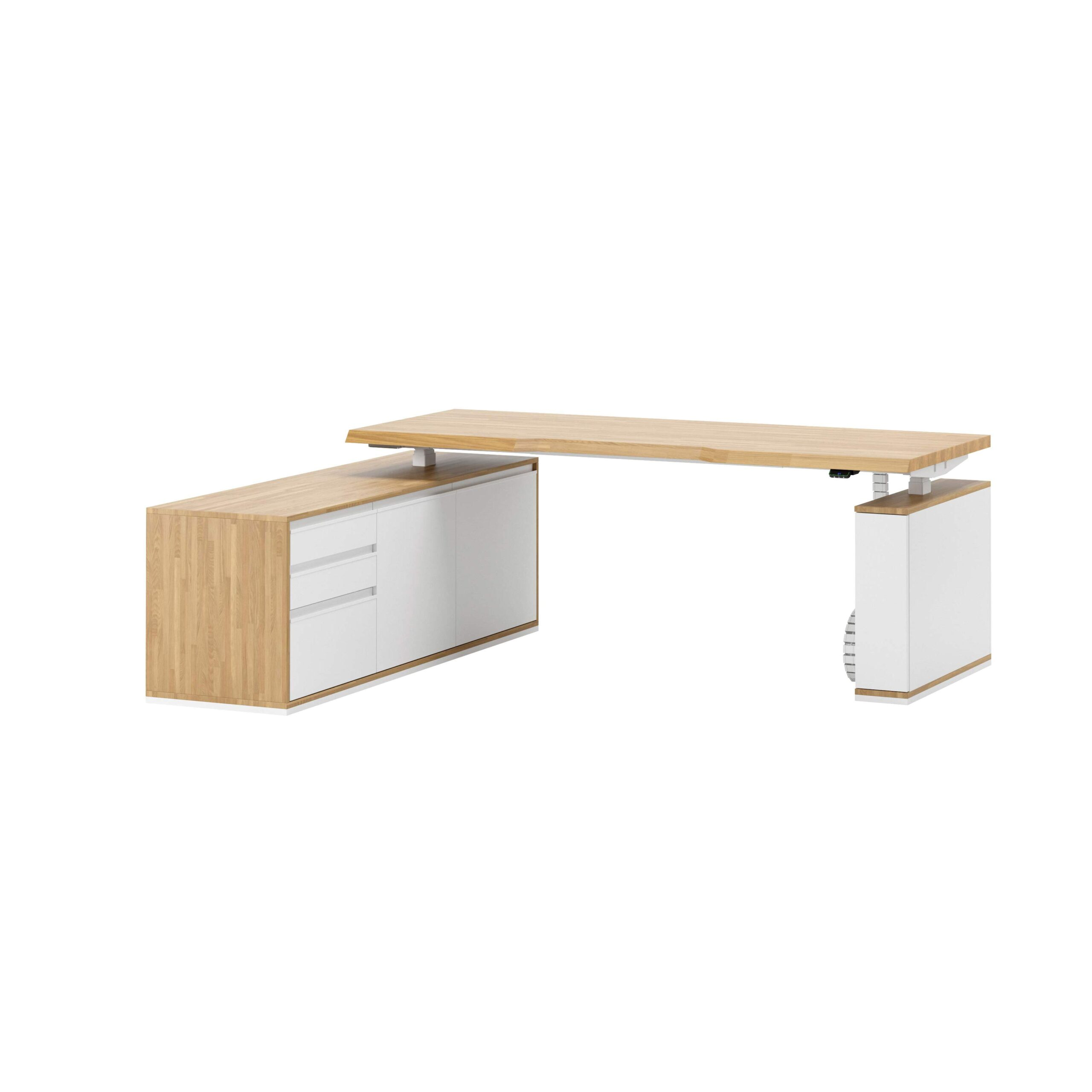 Weißer, höhenverstellbarer Eck-Schreibtisch für das Büro mit praktischem Rollcontainer (160×80)