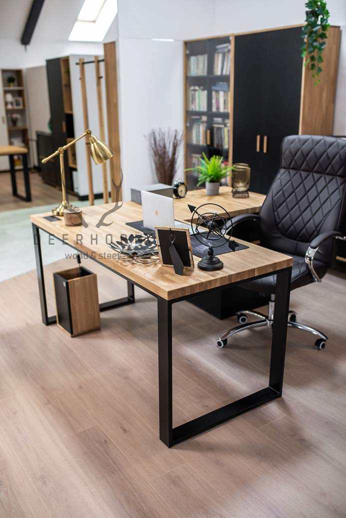 Bureau d'angle avec plateau loft en bois + caisson