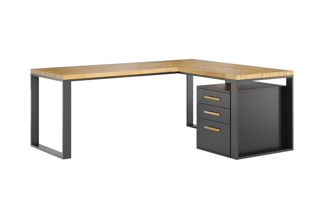 Bureau d'angle avec plateau loft en bois + caisson