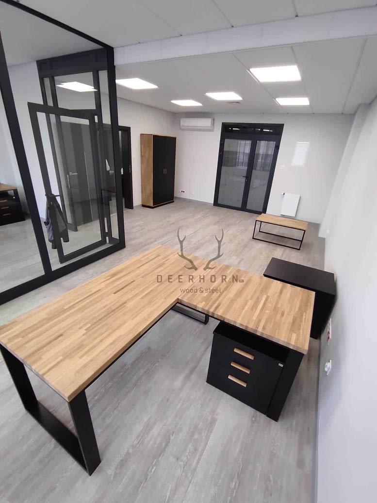 Bureau d'angle avec plateau loft en bois + caisson