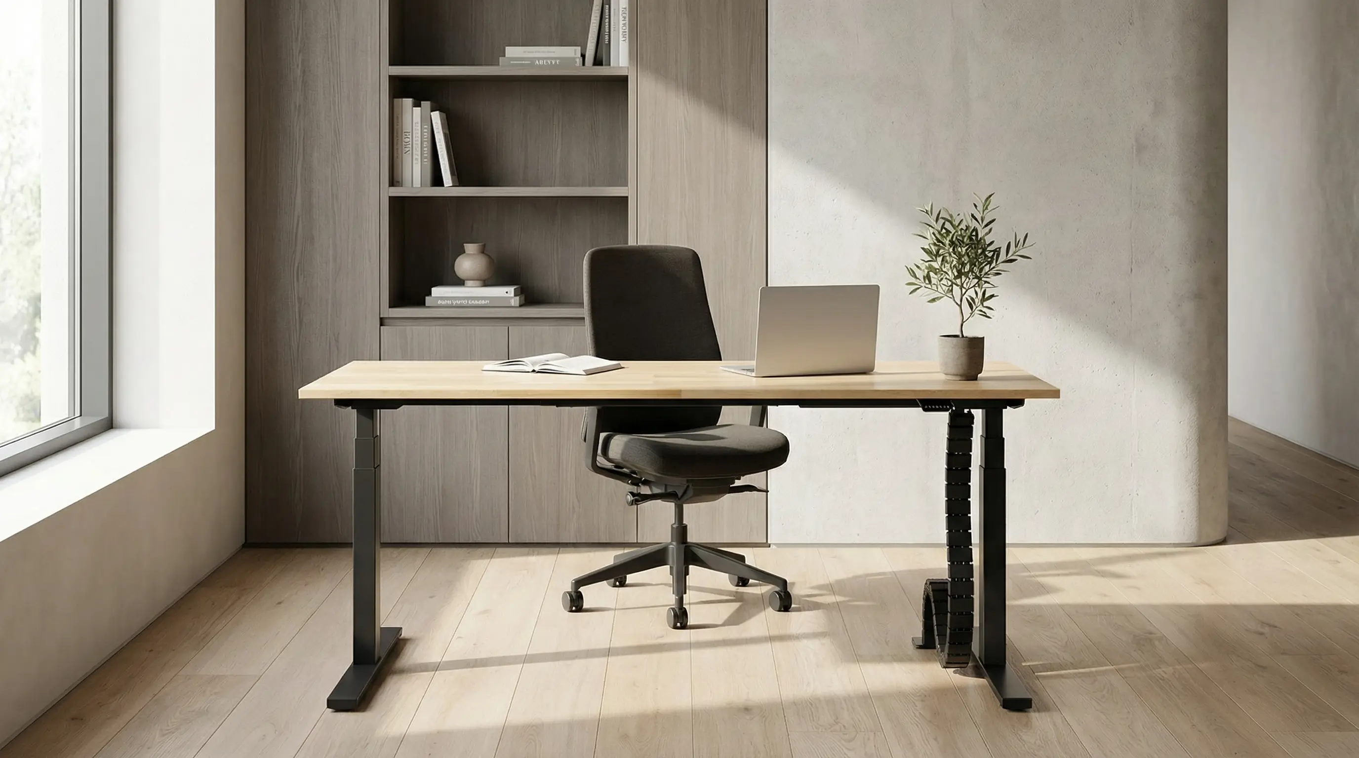 Bureau avec réglage électrique de la hauteur et plateau en bois SLIM