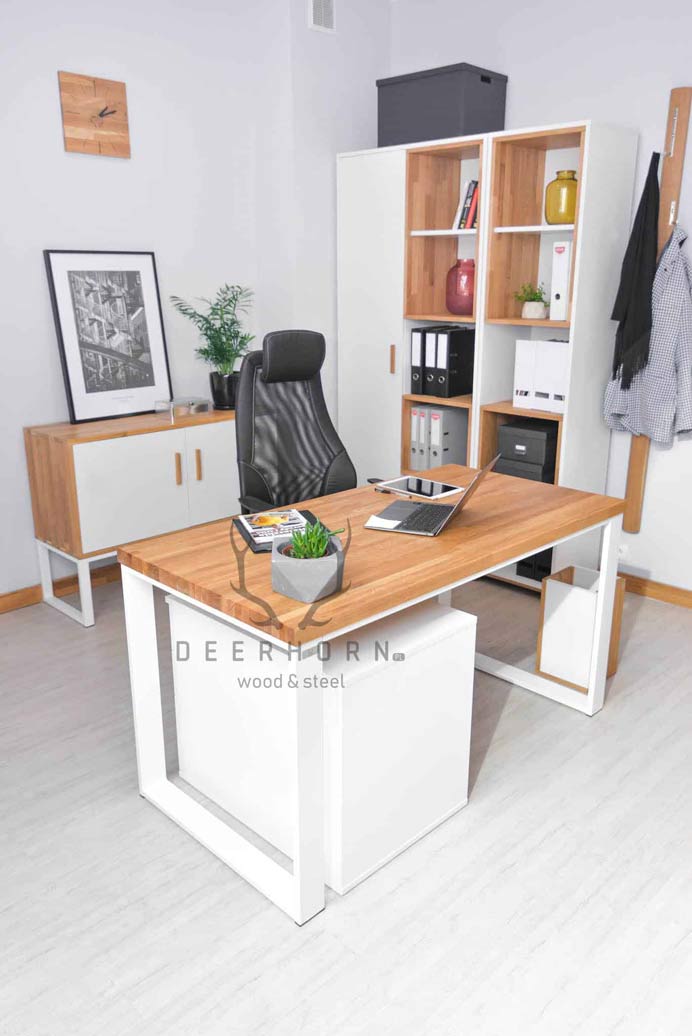 Bureau ouvert blanc avec plateau en bois et caisson avec tiroirs