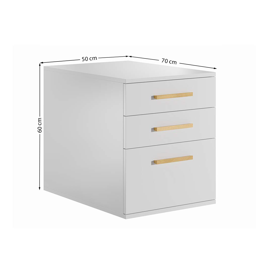 Bureau ouvert blanc avec plateau en bois et caisson avec tiroirs