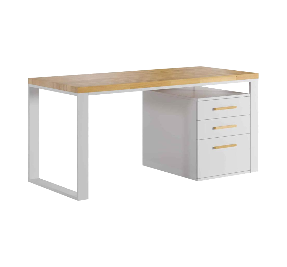 Bureau ouvert blanc avec plateau en bois et caisson avec tiroirs