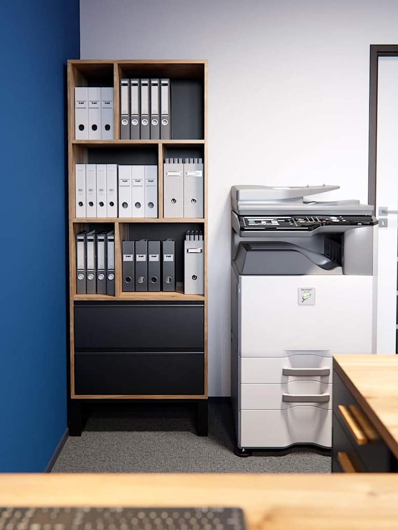 Bibliothèque de bureau avec tiroirs. Bibliothèque pour classeurs ou livres. Bureau Loft plus