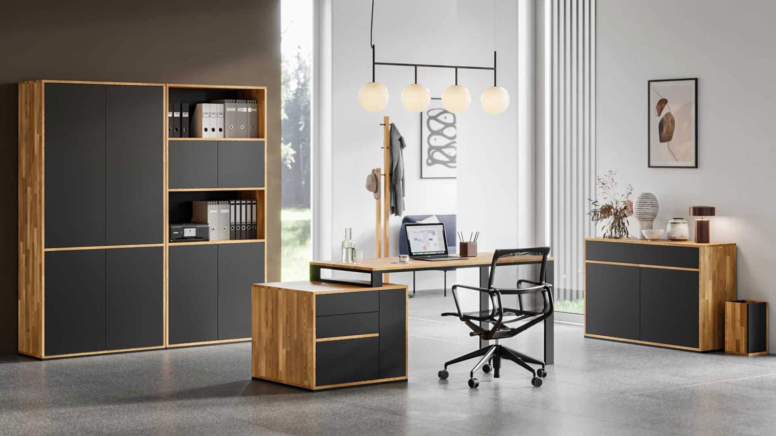 Bibliothèque de bureau moderne noire avec étagères étroites pour bureau de loft